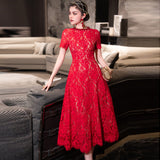 Diynav Industry Drill Round Lace Hook Flower Big Swing Waist Red Blue Short-Sleeved Dress Spring And Summer Women's Dress 2025
