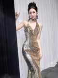 Diynav Dress Gold Female Senior Slid To Toasting Bride 2024 New Banquet Host Fishtail Skirt Hanging Neck