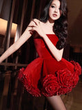 Diynav Sexy Dress 2025 New Velvet Breast Three-Dimensional Red Rose Fluffy Dress Dress
