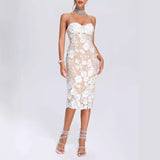 Diynav Lace Three-Dimensional Flowers Decorated With White Sexy Thoracic Dress Light Luxury Dinner Dress