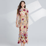 Diynav Light Luxury Heavy Industry Embroidery Three-Dimensional Flowers Waist Long Sleeve Dress