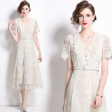Diynav Wears Pink Collar Sweet Lace Dress With High-Grade Tea-Smelled Style Long Dress