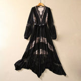 Diynav V-Neck Long-Sleeved Lace Splicing Black Irregular Swing Dress Spring And Summer Women's New 2024