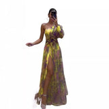 Diynav New Women's Sexy Slant Shoulder Shoulder Long Sleeve Broken Flower Dress Dress High-End Big Swing Flowers