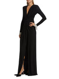 Diynav Women's New Sexy Deep V Kinesk Long-Sleeved Dress Dress High Open-Pocket Bag Even Skirt