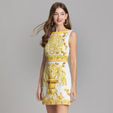 Diynav Summer New Women's High-End Court Retro-Print Round-Neck Sleeveless Vest Short Dress