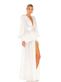 Diynav Dress Women 2025 New Autumn Sexy Open Fork Lantern Sleeves Thin Famous French-Style Fasting Long Skirt