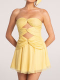 Diynav Women's New Solid Color Sexy Hollow Bragy Dress High-End Temperament Folded Dress Dress