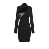 Diynav Women's Sexy Hollow Splicing Long-Sleeved Dress Black Body-Body-Clawed Ass Banquet Dress