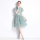 Diynav Summer New French Elegant Water-Soluble Lace Hook Hollow Flying Sleeve Temperament Waist Dress Dress Woman