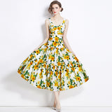 Diynav Summer New Women's Retro Sleeveless Short-Wrapped Breast Sling + Printed High-Rise Half-Dress Two Sets