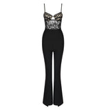 Diynav Hepburn Women's Sling Lace Bandage Elastic Slimming Jumpsuit Fish Bone Long Black