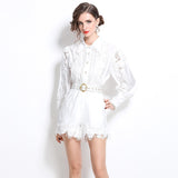 Diynav Famous Yangyang Age-Reduce Women Senior Feel Waist Lace With Lantern Lace Spliced Shirt + High-Waisted Shorts