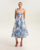 Diynav French Super Fairy Holiday Sling Belt Sleeveless Waist-Free Blue Printed Dress Body-Drag Skirt