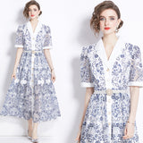Diynav Summer Collar Short-Sleeved Belt-Recely Blue Print Hollow Lace Retro Dress