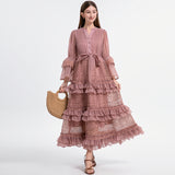 Diynav Retro Court Hollow Lace Splicing Horn Sleeve Dress Female Waist Temperament Over Knee Cake Long Skirt