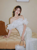 Diynav Dress 2024 New Fine Shiny Piece Shoulder Dress Fishtail Dress Three-Dimensional Lotus Bra Little Dress