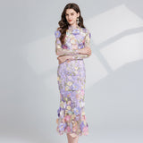 Diynav Light Luxury Heavy Industry Embroidery Three-Dimensional Flowers Waist Long Sleeve Dress