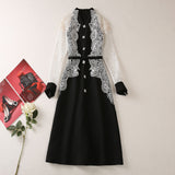 Diynav Feng Shui Soluble Flower Splicing Nails Button Long-Sleeved Black Dress Women's New Spring 2025