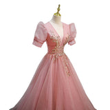 Diynav Evening Dress Dress Female Solid Color Host V Lead French Princess Vocal Art Test Solo Performance Dress Pink