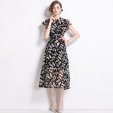 Diynav Knee Dress Women's Summer 2024 Temperament Lotus Leaf Sleeve Fashion Waist Thin Print V-Neck Dress