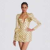Diynav Dress Wave Point Printing Deep V-Neck Heavy Industry Flower Folds To The Waist Dress Short New Model