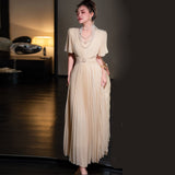 Diynav V-Neck Waist-Lined Bead Buckle With Chiffon Big Swing 100-Fold Long Dress Spring And Summer Women's Dress 2025