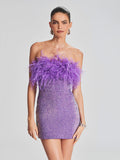 Diynav Cross-Border Women's Sexy Bareback Ostrich Hairy Twilight Dress Temperament Squints