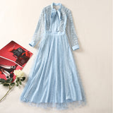 Diynav Long Sleeve Temperament Fashion Water-Soad Hook Flower Blue Dress 2025 Spring And Summer New Women's Clothing