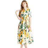 Diynav Print Dress 2025 Summer New Lapel Belt Repair Over Knee Skirt Yellow Dress