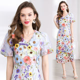 Diynav Banquet Famous Wind V-Neck Bubble Sleeves Body-Brace Hip Three-Dimensional Flower Lace Dress