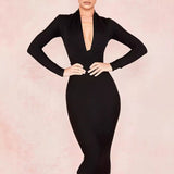 Diynav Deep V-Neck Fashion Trendy Long Sleeve Banded Dress With High-End Banquet Evening Dress