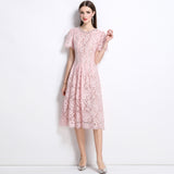 Diynav Summer New Pink Diamond Pearl Collar Short-Sleeved Lace Dress Femininity Long Dress