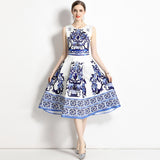 Diynav Women's Clothing 2025 Summer New Elegant Temperament Bottom Vest Dress Blue And White Porcelain Printing Dress Women