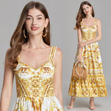 Diynav French Retro Sling Dress Long Dress Temperament High Waistless Sleeveless Porcelain Print A Large Swing Dress
