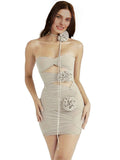 Diynav Sexy Boobs Mesh Flowers Design Short Skirt Hollow Folded Back Wrinkle Body Hip Skirt