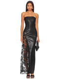 Diynav Solid Color PU Leather Fashion Temperament Body-Meared Lace Explosion Sexy Mid-Long Dress Dress Dress