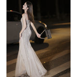 Diynav Dress Fishtail Woman 2024 New High-End Banquet Temperament Silver Dress Light Luxury Niche High-End Host