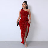 Diynav Selling New Women's Clothing 2025 Spring Fashion Squin Single-Sleeve-Less Open-Fork Dress Solid Color
