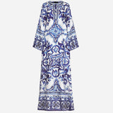 Diynav Blue And White Porcelain Printed Dress Women Summer Seaside Beach Dress Loose Meat Cover Sunscreen Open Fork Dress