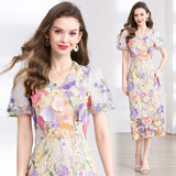 Diynav Banquet Famous Wind V-Neck Bubble Sleeves Body-Brace Hip Three-Dimensional Flower Lace Dress
