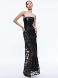 Diynav Solid Color PU Leather Fashion Temperament Body-Meared Lace Explosion Sexy Mid-Long Dress Dress Dress
