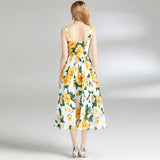 Diynav Dress 2024 Summer Vacation House Cotton Yellow Rose Print Big Swing Princess Fairy Mid-Long Dress