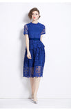 Diynav Court Style Temperament Short-Sleeved Round-Neck Waist Thin A-Word Hook Lace Dress Elegant Dress