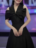 Diynav Niche Design Shoulder Bow Design Feel Dress To The Waist Of The Thin Swing Dress 100-Fold Dress Dress