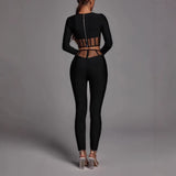 Diynav Long-Sleeved Round-Neck Two-Piece Set Mesh Yarn Hollow High-Waisted Trousers Burst Banding Dress Factory