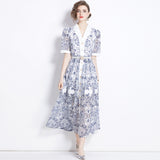 Diynav Summer Collar Short-Sleeved Belt-Recely Blue Print Hollow Lace Retro Dress