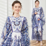 Diynav Court Style Collar Horn Long Sleeves Loose Blue And White Porcelain Print A-Word Skirt