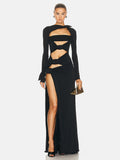 Diynav Women's New Sexy Perspective Umbilly Net Yarn Long-Sleeved Dress Long-Sleeved Dress Temperament Low-Breasted High Open Fork Dress