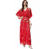 Diynav Industry Lienu Embroidered Nail Pearl Bat Sleeve Red Packed Buffet Long Dress Dress Summer Autumn Women's Dress 2024